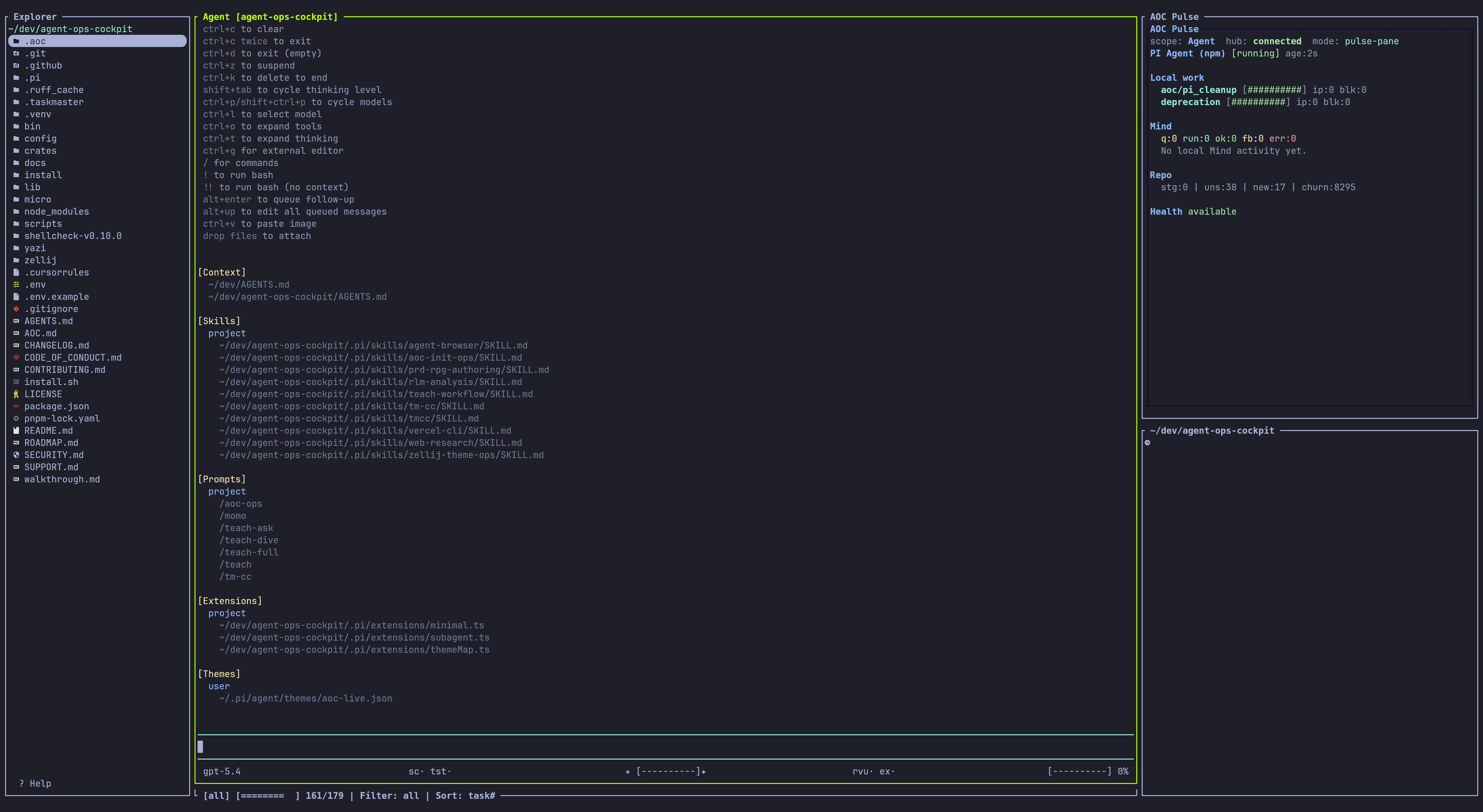 Full AOC cockpit session showing explorer, agent runtime, pulse, and task surface