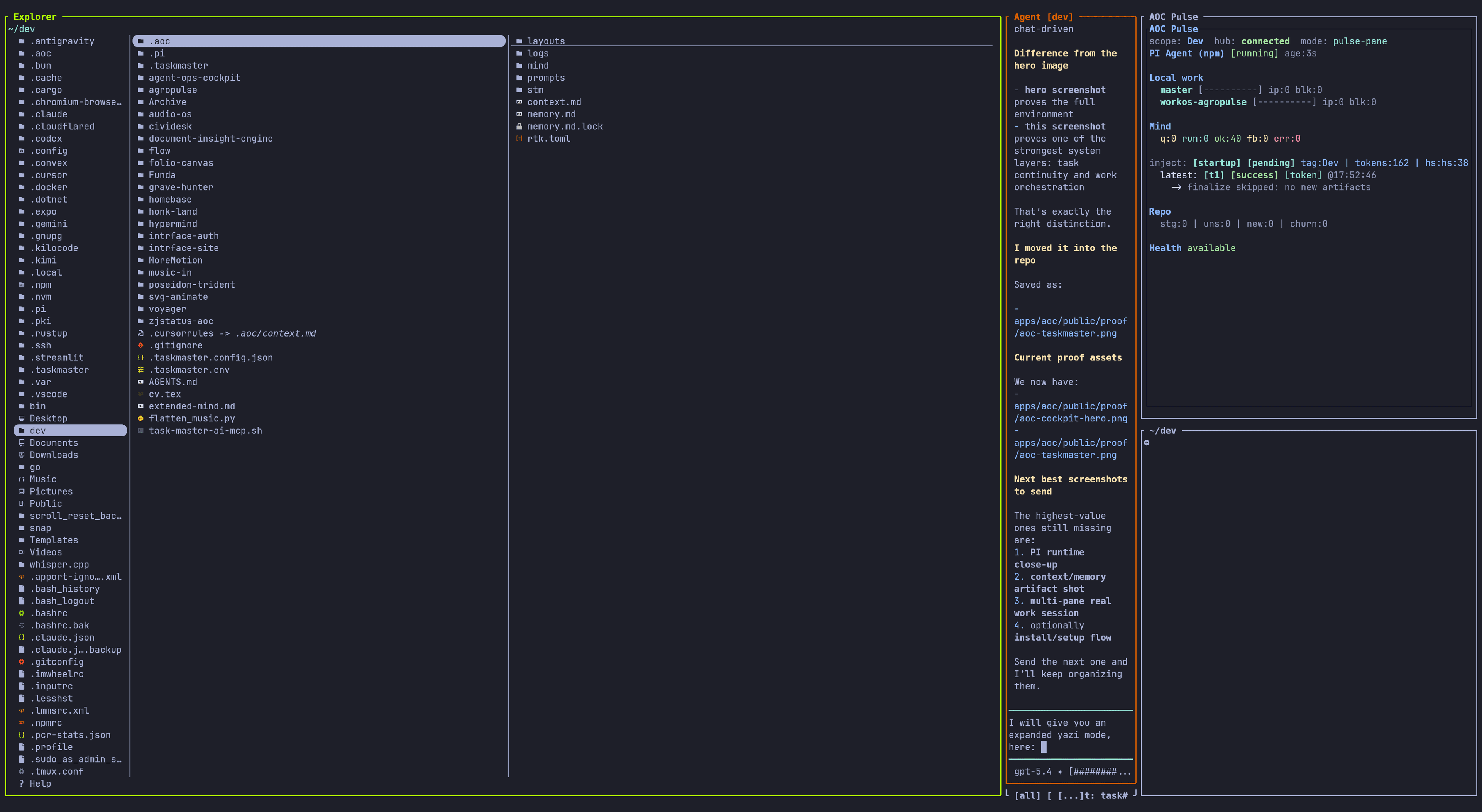 AOC Yazi navigation showing repo structure and continuity artifacts